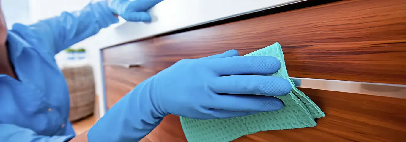 Cleaner wearing blue gloves wiping a wooden cabinet drawer with a microfiber cloth for dust and grime removal, Cincinnati, OH.