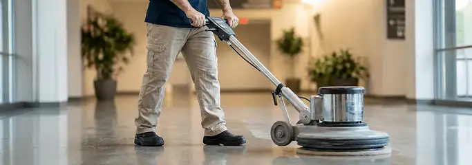 Professional technician using an industrial floor buffer to polish and maintain shiny commercial flooring in a corporate hallway in Cincinnati, OH.