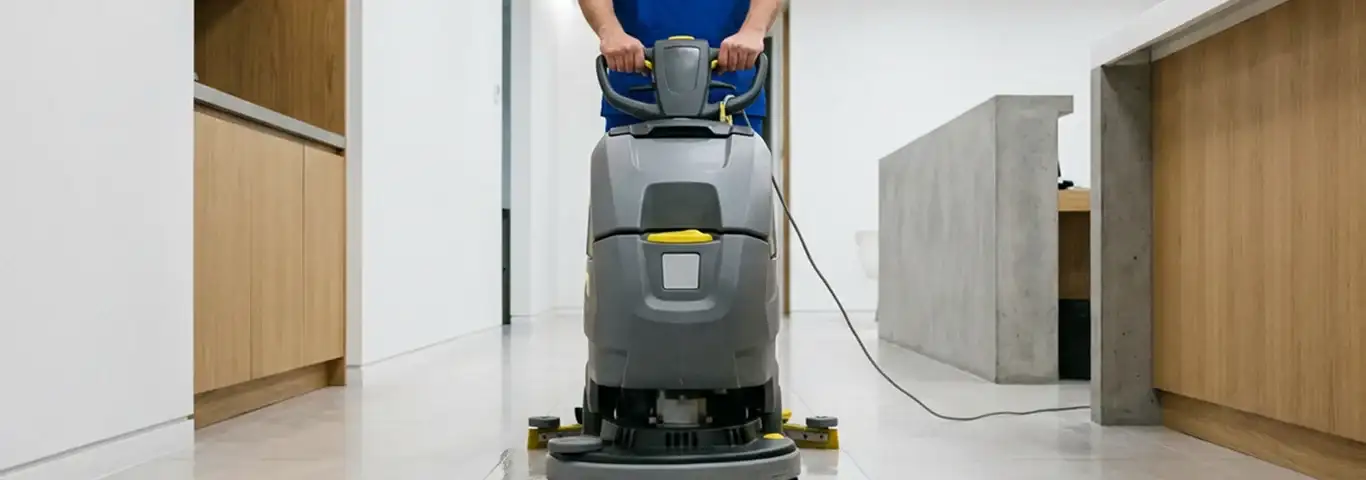 Janitorial staff using a floor scrubber machine to clean a commercial hallway, Cincinnati, OH.