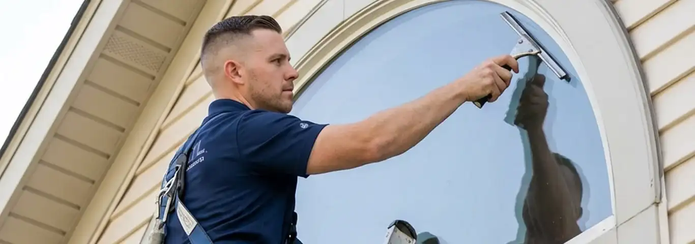 Professional window cleaner using a squeegee to clean an exterior arched window on a home, Cincinnati, OH.