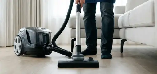 Professional house cleaner vacuuming a living room floor with a canister vacuum cleaner, Cincinnati, OH.