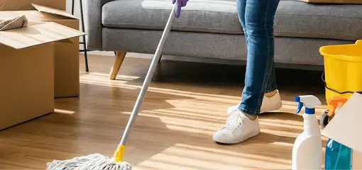Move-out cleaning setup with a cleaner mopping hardwood floors near moving boxes and cleaning supplies, Cincinnati, OH.