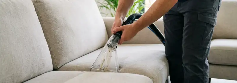 Technician extracting dirt and moisture from a fabric sofa with an upholstery cleaning wand, Cincinnati, OH.