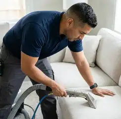 Professional upholstery cleaning technician using an extraction wand to deep-clean a fabric sofa, Cincinnati, OH.