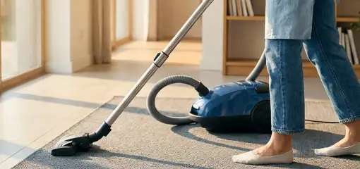 Person vacuuming a living room rug with a canister vacuum cleaner near large windows, Cincinnati, OH.